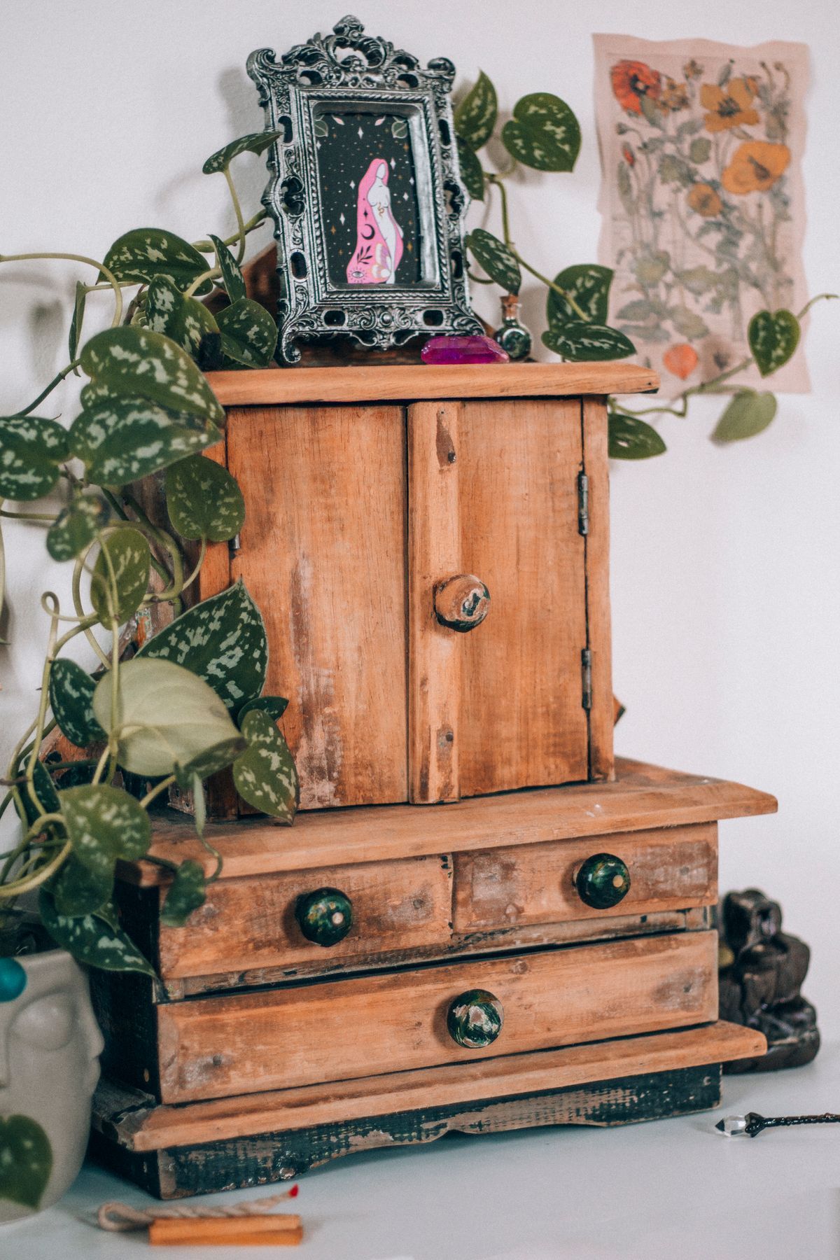 Petit meuble en bois à portes et tiroirs, avec cadre et plante.